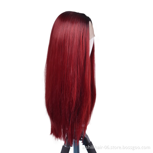 Aishili hot-selling wine long remy hair silky kinky straight hd 613 lace front synthetic wigs for black women